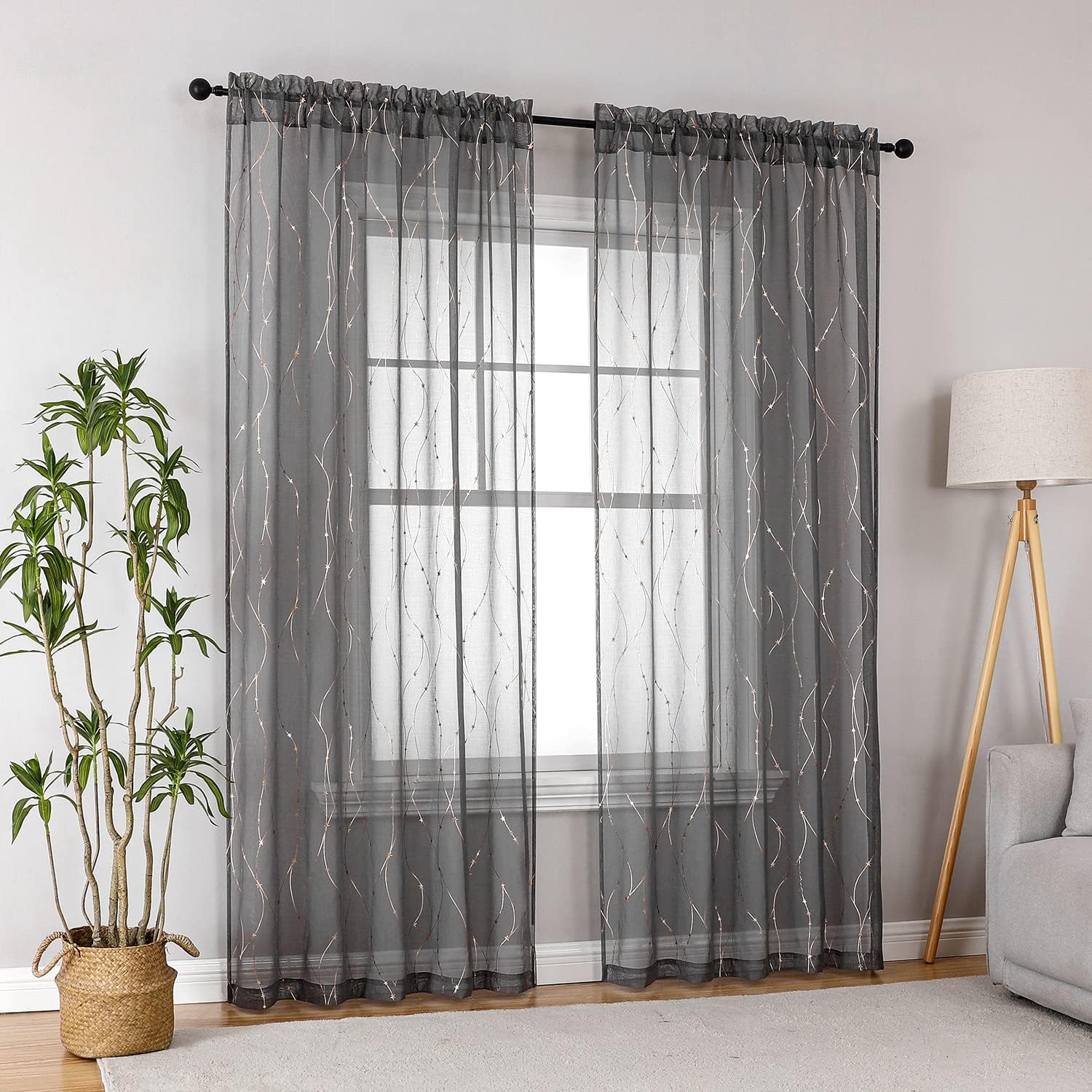 2 SMILE WEAVER Grey Sheer Curtains 84 Inch Long for Living Room,Privacy & Light Filtering Semi Sheer Curtain with Star Print Design,Lightweight Voile Transparent Bedroom Window Drapes,2 Panels