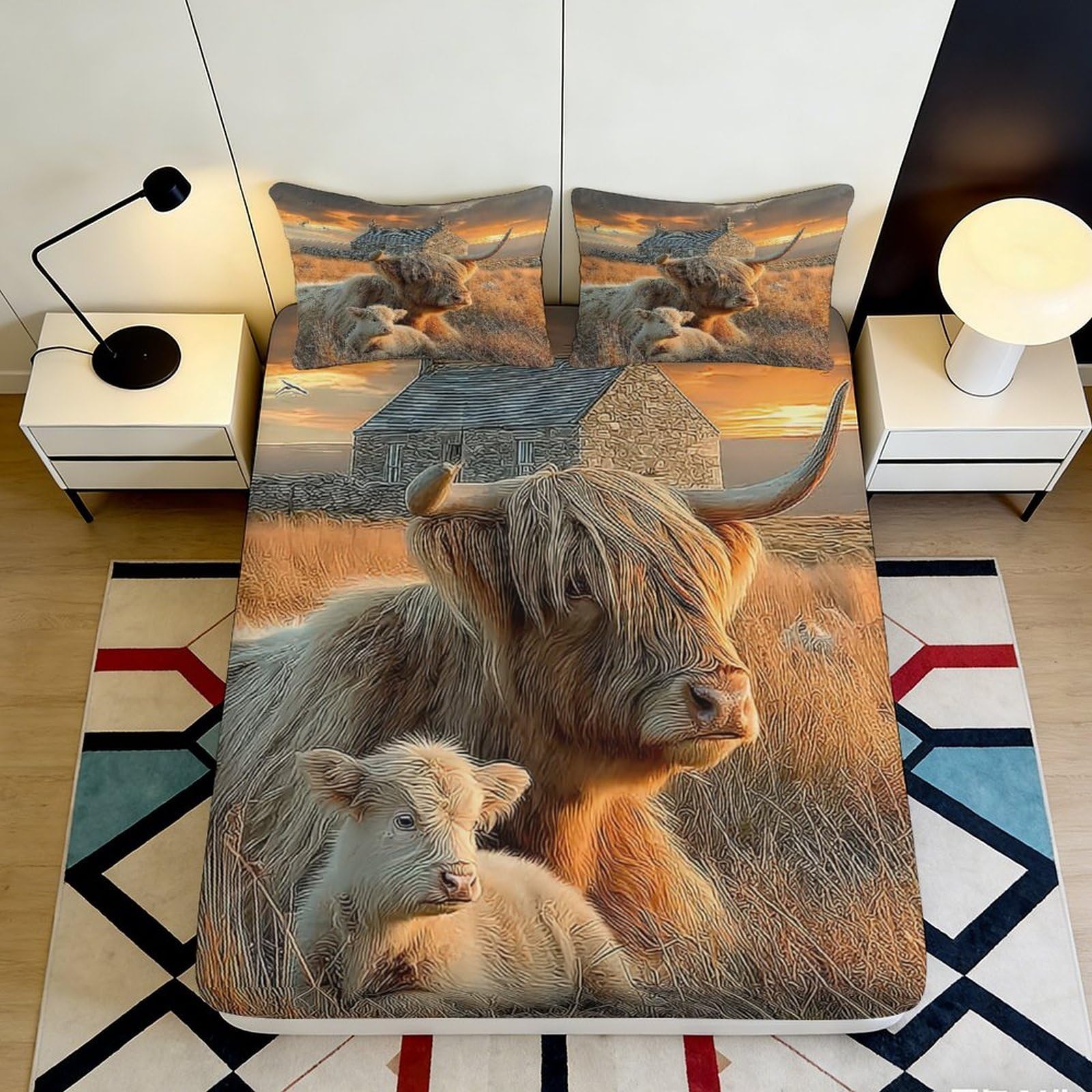 Pnayamiorkfel Style-9 3D Printed Highland Cow Pasture Fitted Sheet Microfiber Soft Bed Cover For Bedroom Decor Dustproof Machine Washable 90X200x25cm