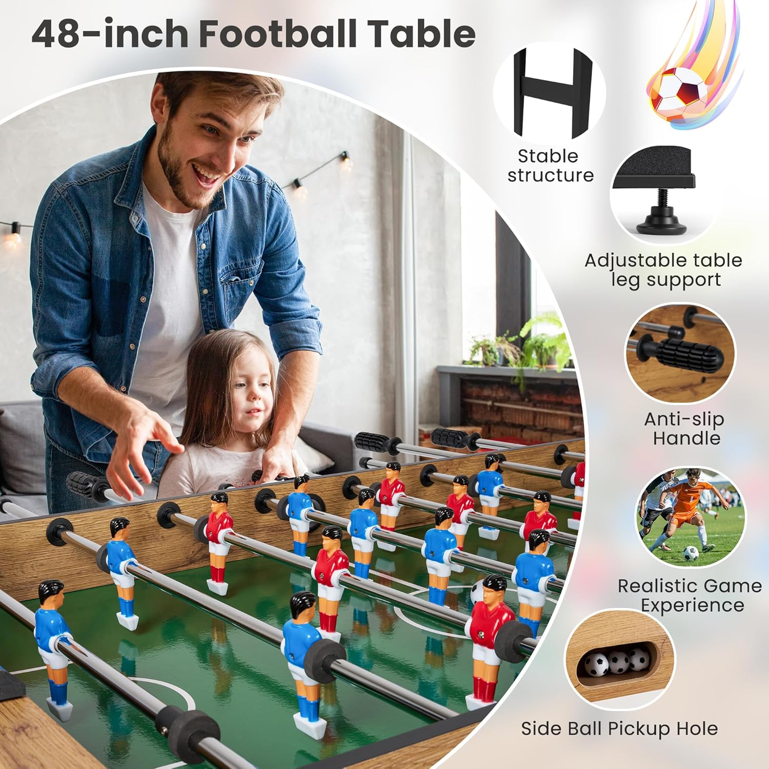 48” Foosball Table, Competition Sized Game Table with Adjustable Table Leg Support, 3 Balls for Adult, Home, Game Room