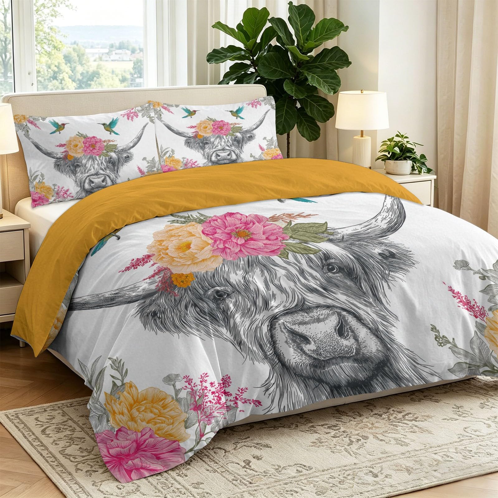Pastoral Bohemian Dwustronna poszwa na kołdrę Krowa Highland Kwiaty Ptaki Liście 2 osoby i 2 poszewki na poduszki, 240 x 220 cm Zestaw pościeli z mikrofibry z zamkiem błyskawicznym, biały