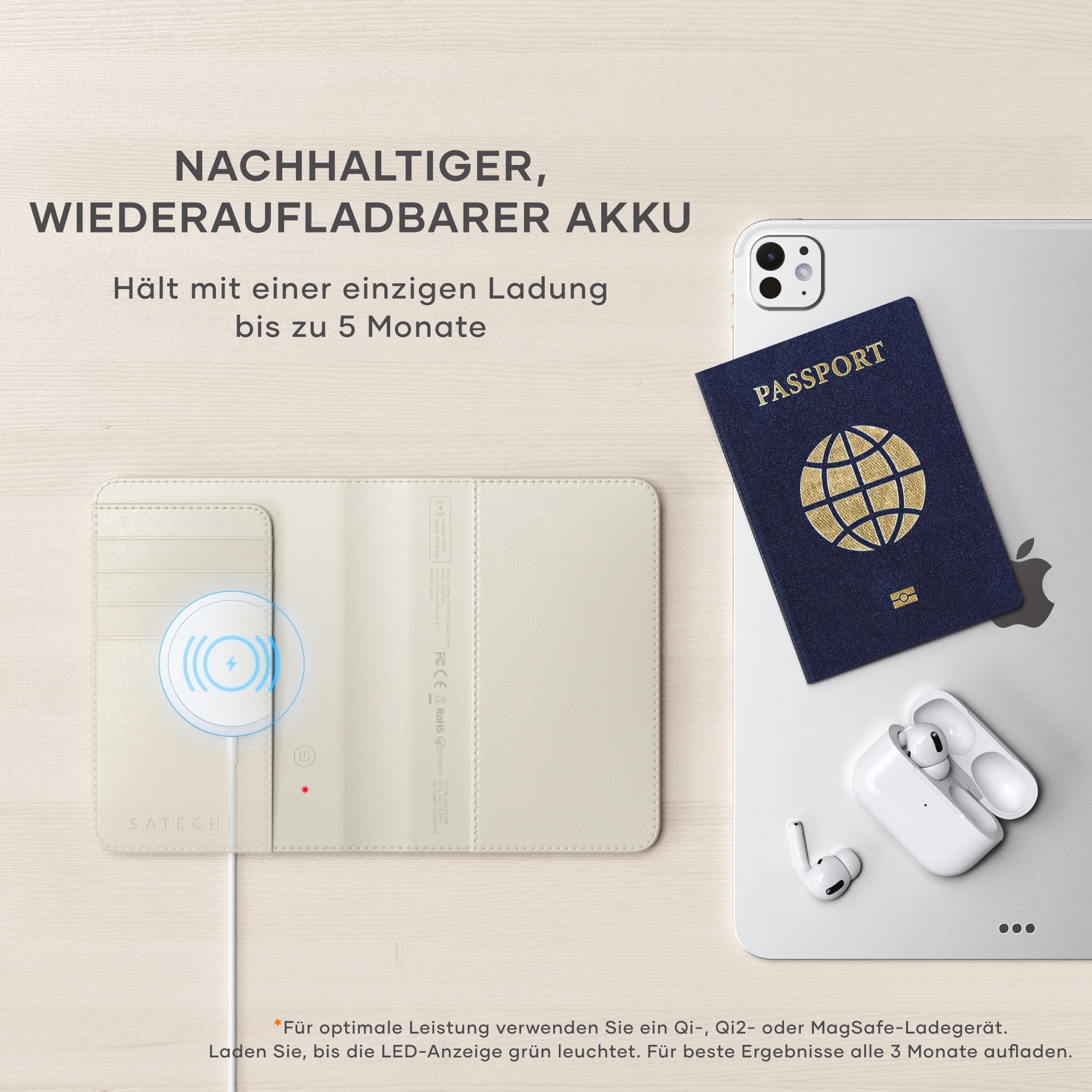 SATECHI FindAll Reisepasshülle aus Premium-Material (PU) mit Apple „Wo ist?“-App, GPS-Tracker-Alternative, RFID-Schutz, 4 Kartenfächer, kabelloses Laden – Polarstern