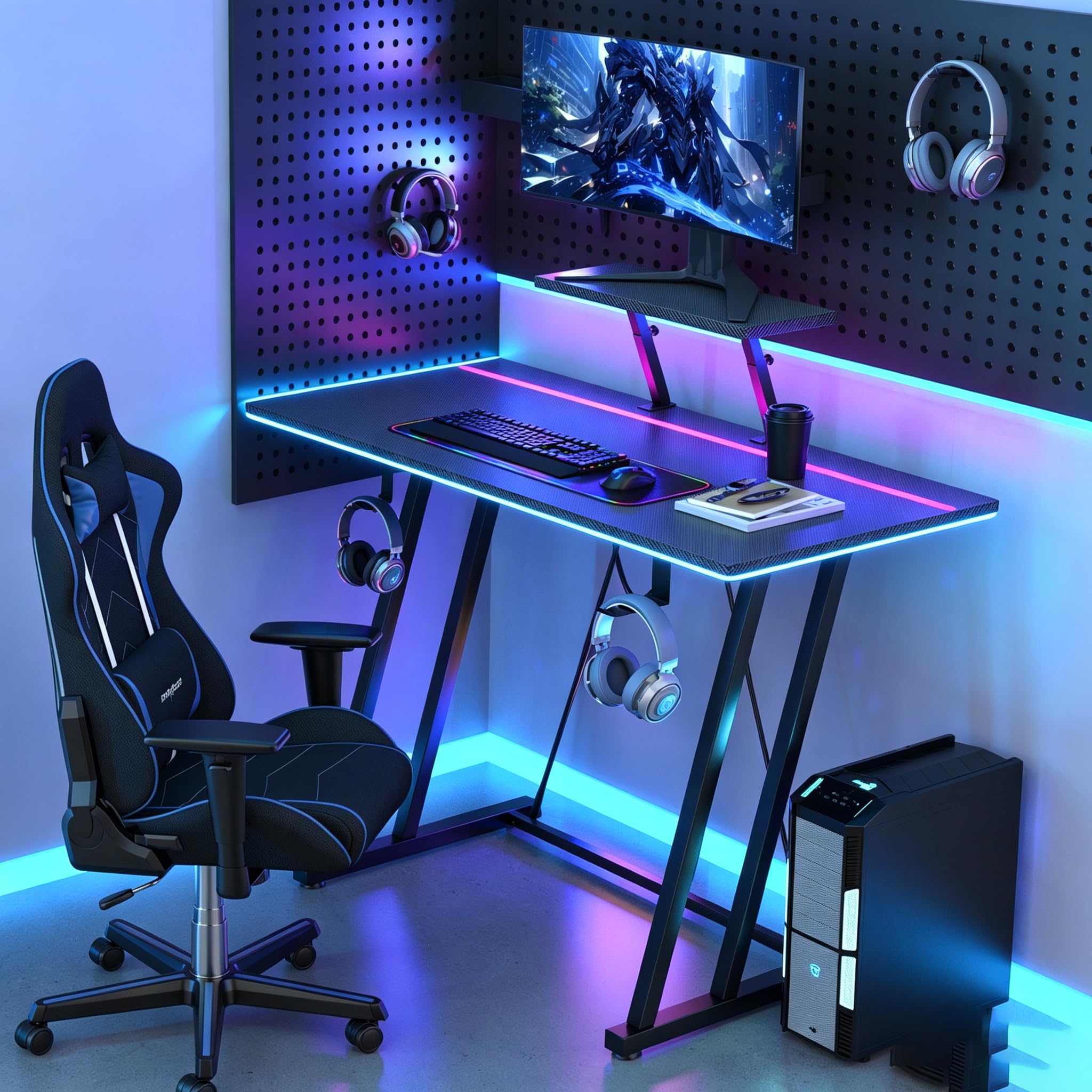 Bureau Gaming LED, Table Gaming avec Prise Electrique, 2 Prises CA, 2 Ports USB, Table Gamer Ergonomique, avec Support de Moniteur