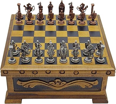 Wooden Chess Set with Storage – Handcrafted Chess Board and British Figure Metal Chess Pieces – Decorative Chess Game for Adults & Kids – Premium Gift for Family & Friends (Copper Chess Pieces)