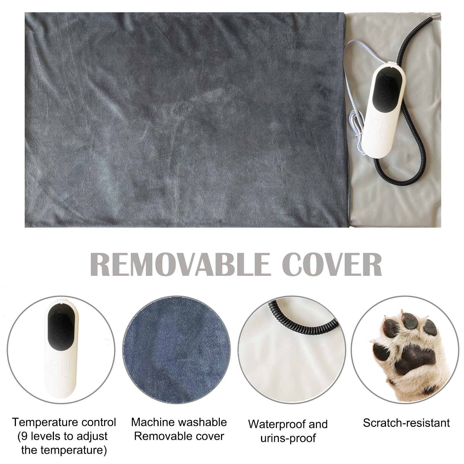 Tapis chauffant pour chats et chiens, 70 x 45 cm, minuterie et température réglables, sûr, couverture de rechange douce et confortable pour nouveau-né/mise bas / chiot/vieux chat et chien