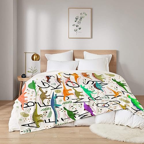Miniatura 6 de Manta de vellón con alfabeto de dinosaurio, suave, ligera, cálida y mullida para sofá, cama, viajes, 40 x 30 pulgadas para bebé