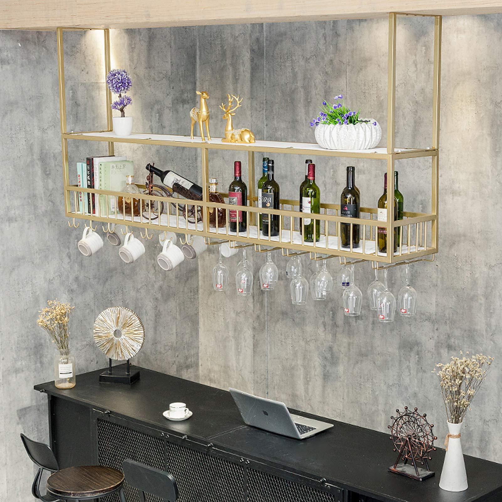 Casier à vin mural et plafond en métal noir pour bouteilles et verres
