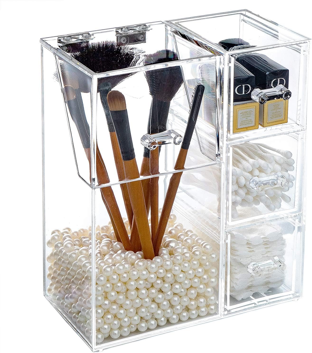 Yoelrsa Acrylic Makeup Box, Makeup Brush Holder with Lid and 3 Drawers, Waterproof and Dustproof Cosmetic Brush Organizer with Free Pearls, Used for the Dressing Table (XL+Drawers, Beige)