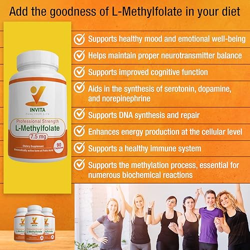 Miniatura 5 de INVITA L-metilfolato (7.5 mg) - Folato de metilo activo de fuerza profesional - Suplemento 5-MTHF para energía, estado de ánimo y apoyo inmunológico