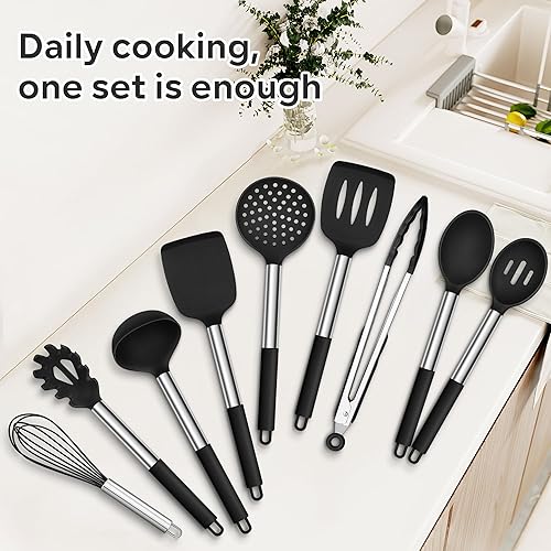 Miniatura 7 de HaWare Juego de utensilios de cocina de silicona, 9 piezas, antiadherentes, resistentes al calor, con mango de acero inoxidable, sin BPA, aptos para