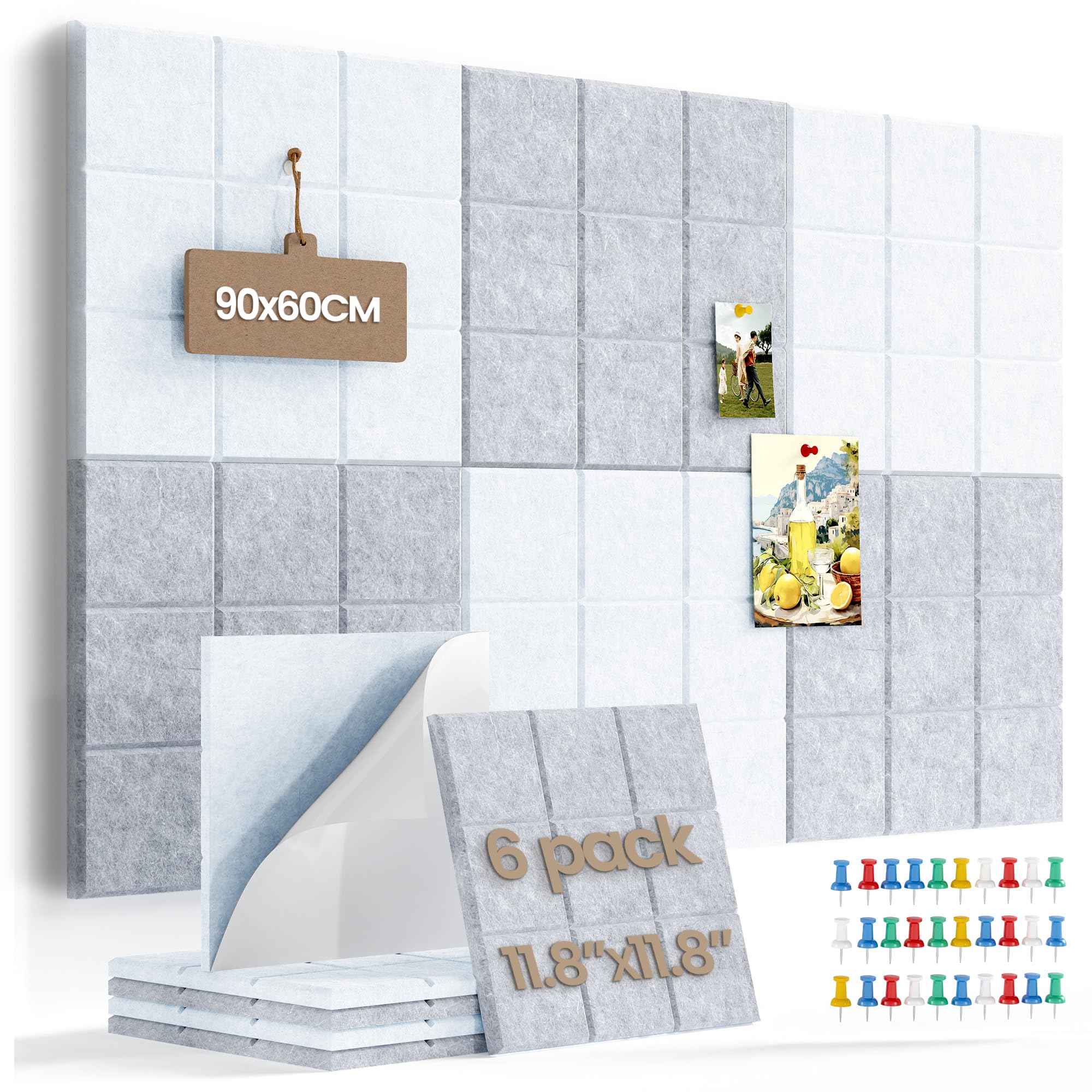 Uoisaiko 90 x 60cm Large Felt Pin Board for Walls, 6 Pack DIY Bulletin Board Tiles, 0.9cm Thick Cork Board Alternative with 30 Push Pins, Acoustic Vision Board for Office, School & Home Decor, Grey — image 1
