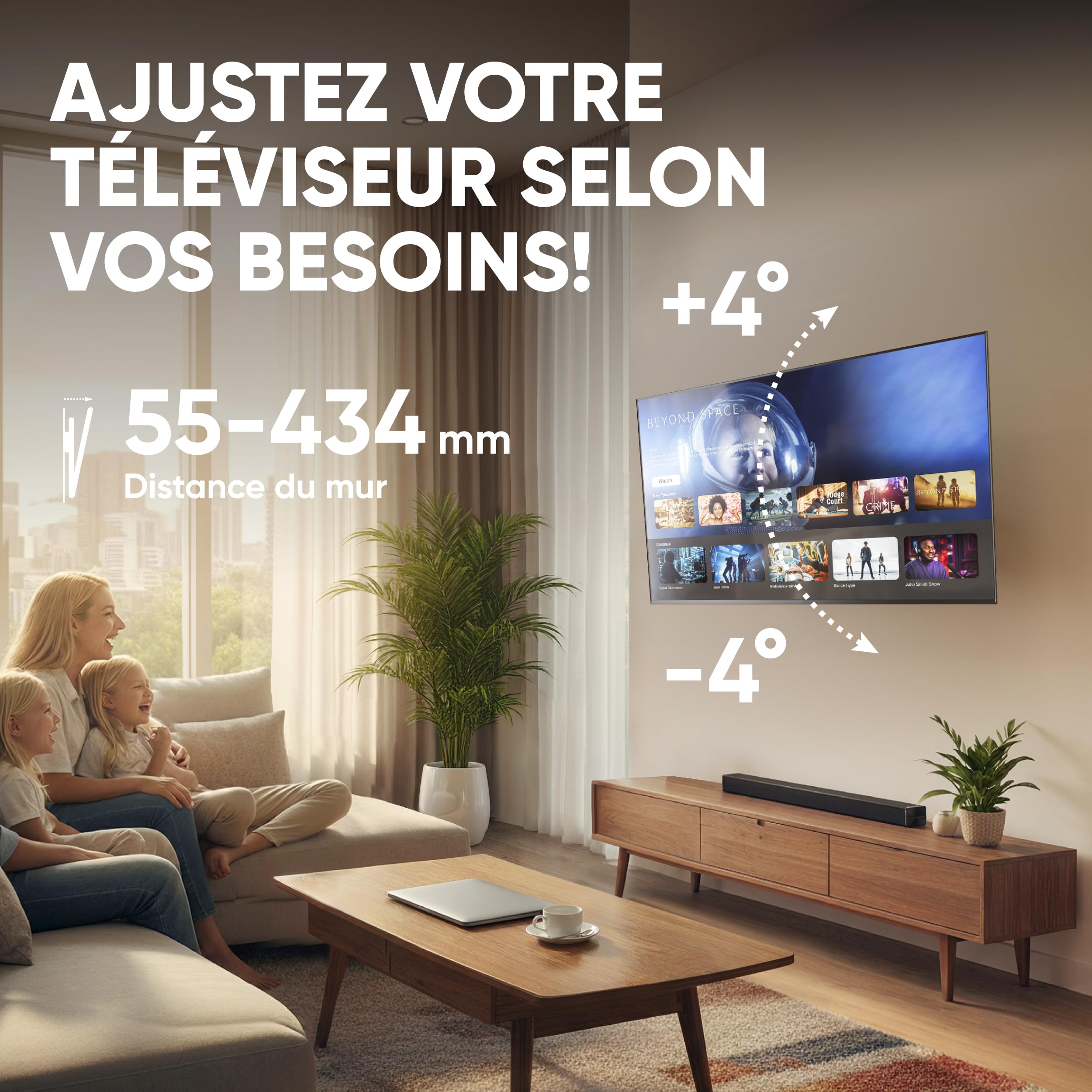 ONKRON Support TV Mural Orientable 40"-75", 70 kg, Max VESA 600x400, M6L-B | Bras TV articulé, portée jusqu’à 434 mm, pivotant, inclinable, gestion des câbles, salon, bureau, réunions & gaming, noir