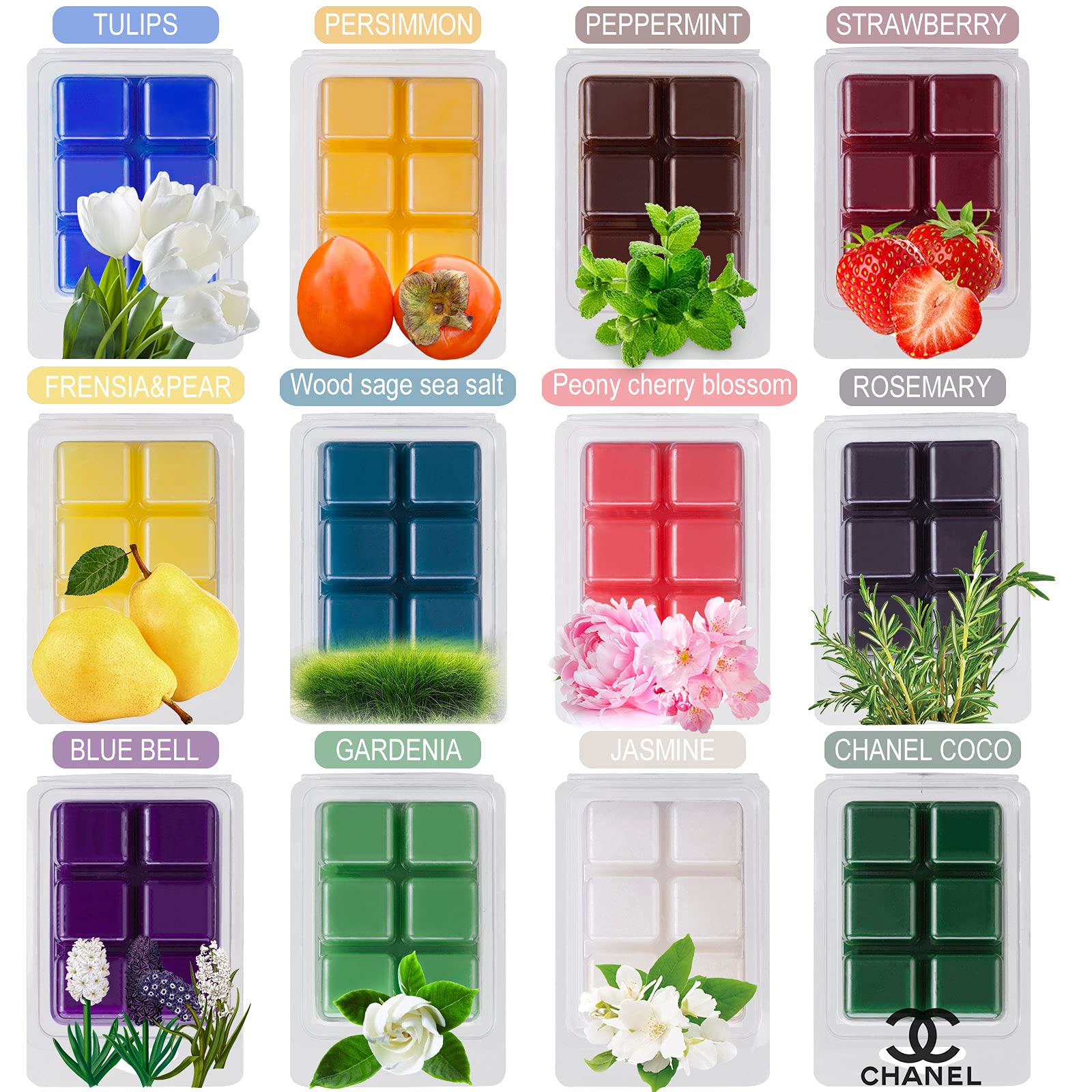 Amzeeniu Cubos de Cera 12 Paquetes Cera Perfumadas de Soya Derretida de Fragancia Cera se Derrite Velas para Fragancias de la Habitación Aromaterapia Quemador de Incienso Bloque de ​Cera Set de Regalo