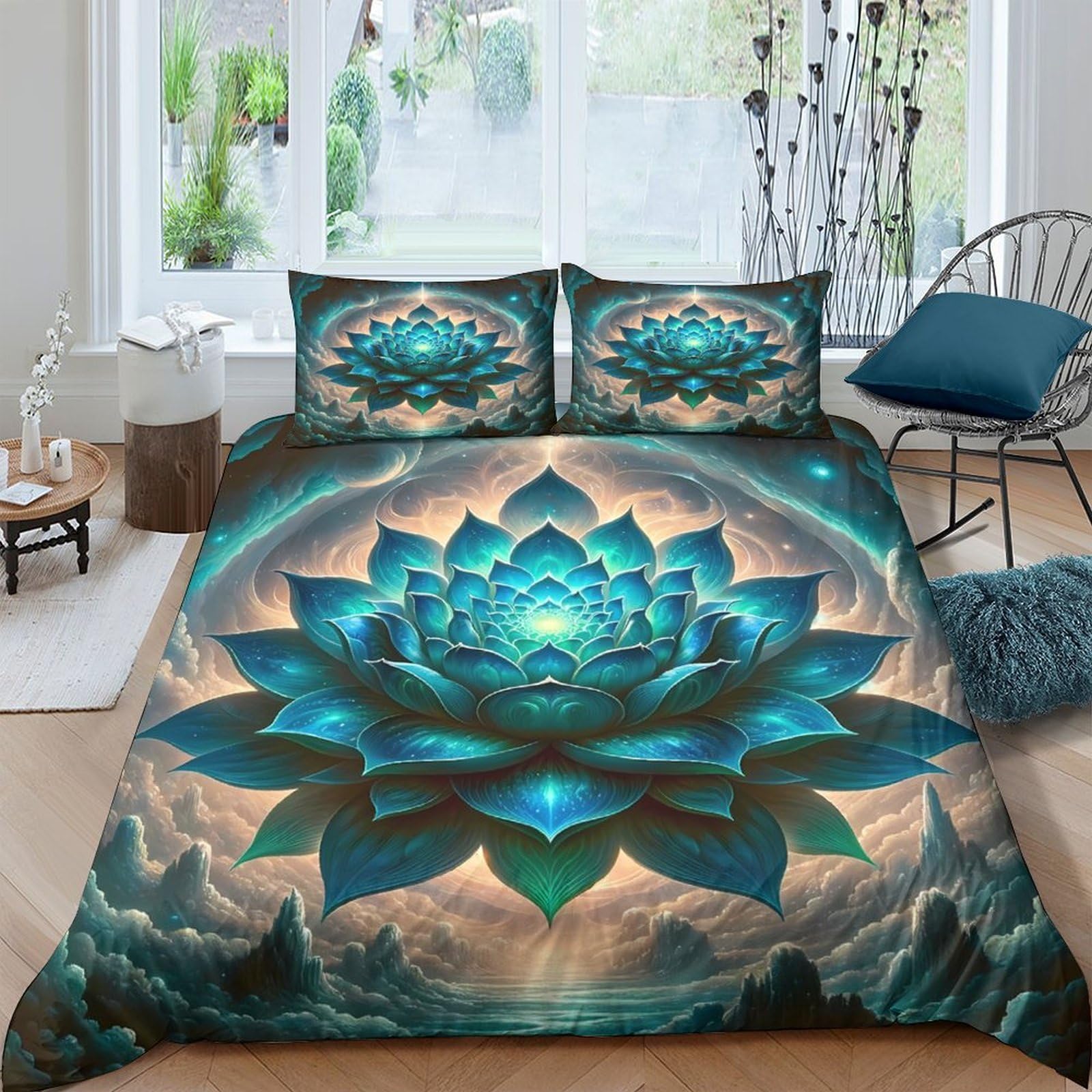 Ctjqhvkz Style-3 3D Printed Blue Lotus Mandala Fitted Sheet Microfiber Soft Bedroom Decor Mountain Mattress Cover Anti-Slip Machine Washable Single（135X200cm）