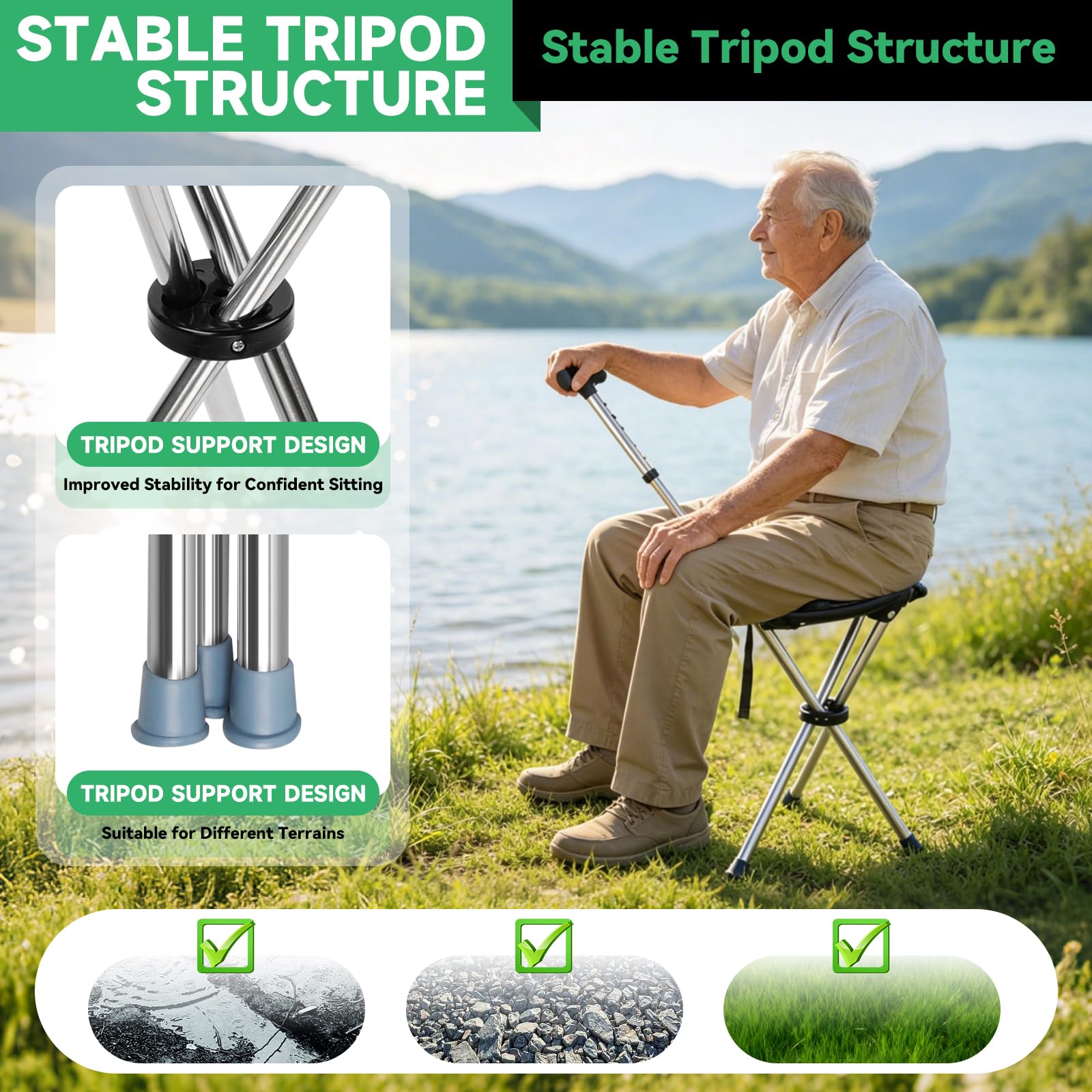 Bastone Trekking Pieghevole con Sedile, Bastone per Anziani con Allarme di Localizzazione Bluetooth, 0,95 kg Sgabello Pieghevole Portatile, per Escursionismo/Campeggio/Alpinismo/Pesca, Portata 150 kg