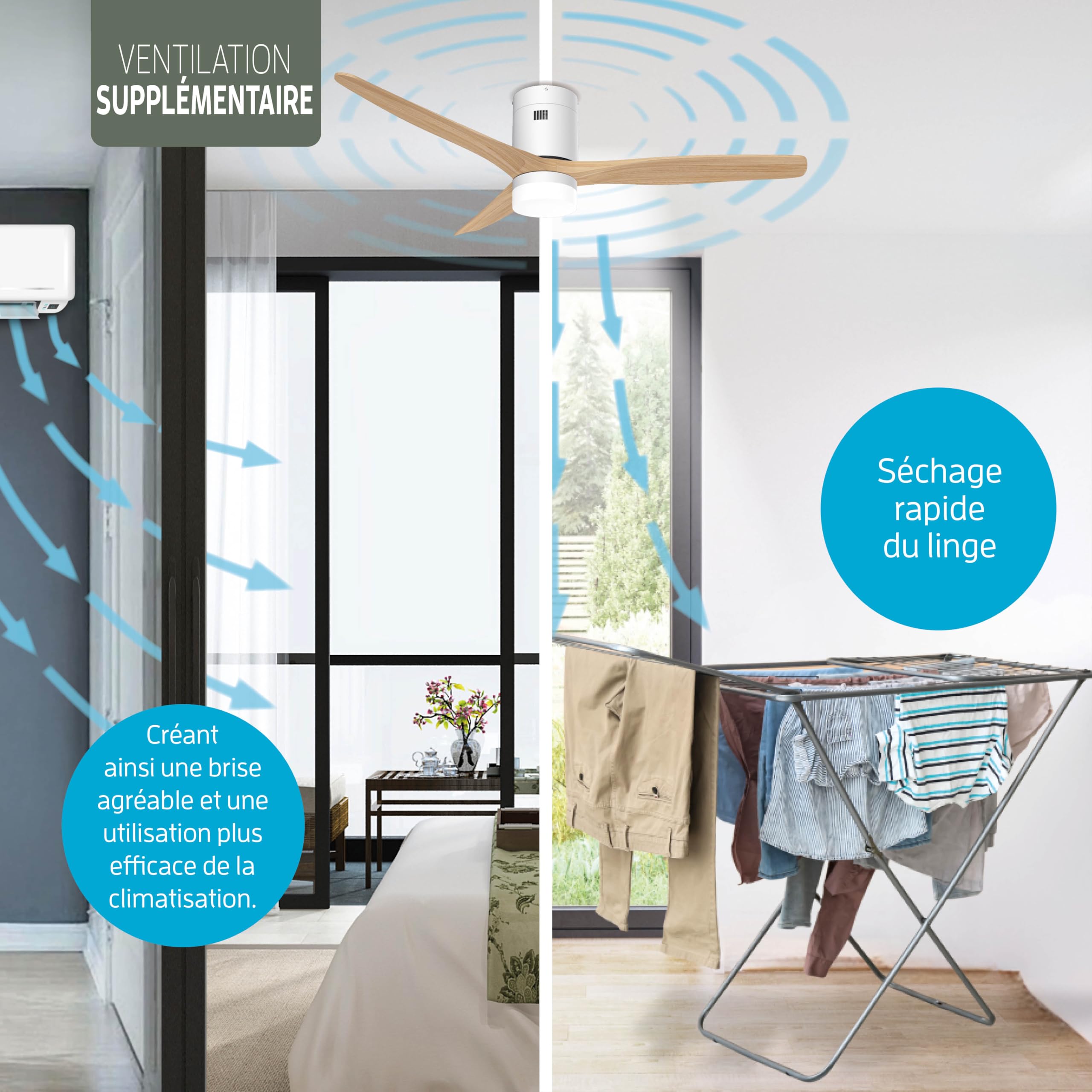 Varin® Ventilateur Plafond avec Lumiere Intelligent, Ø 132cm, Blanc/Bois