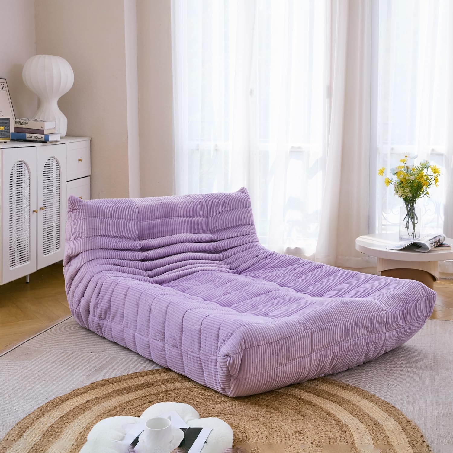 N&V Fireside Lounge Chaise Chair, Mid Century Armless Floor Lounger Sofa, Soft Premium Corduroy Floor Lounge Chair, Foam Sofa Accent Lounger for Living Room Bedroom and Office, Lavender