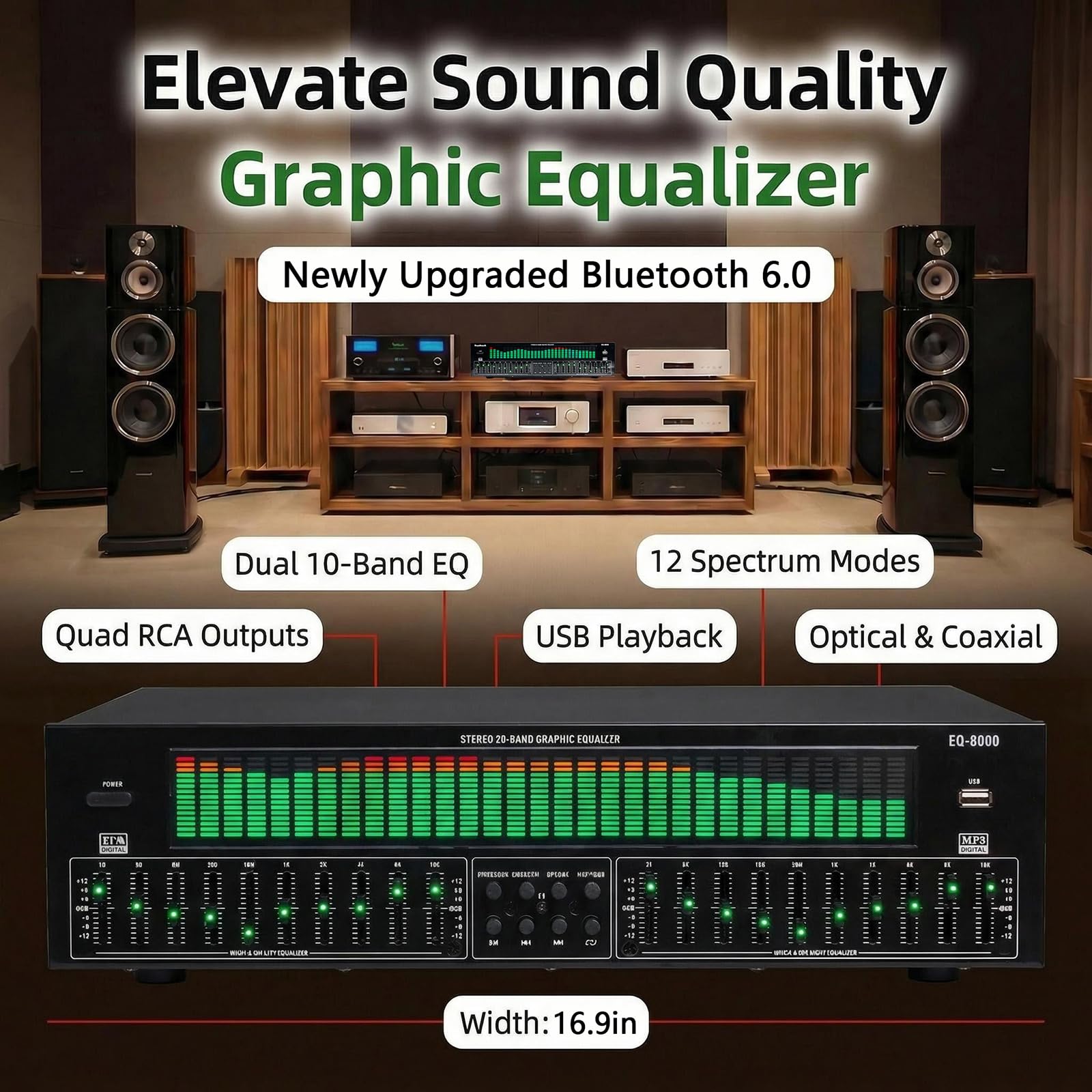 31-pasmowy ekwalizer cyfrowy, stereofoniczny graficzny EQ, analizator spektrum muzyki, dekodowanie cyfrowego audio Bluetooth 5.4 optycznego koaksjalnego, redukcja szumów, do studia nagraniowego