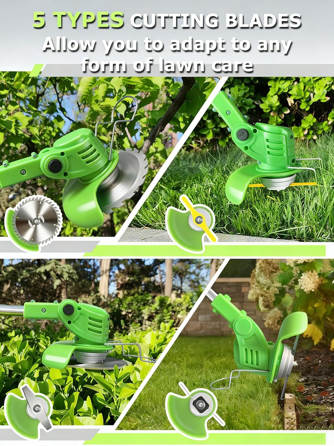 Electric Weed Wacker Cordless: 21V Battery Powered Weed Eater with 2 * 2.0Ah Battery, Charger & 5 Types Blade Lightweight Grass Trimmer for Garden Yard Lawn Work