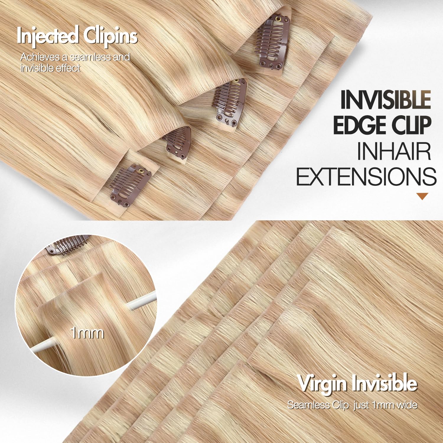 Quantum Love Invisi Edge Clip in Hair Extensions Human Hair 18Inch 110g Seamless Clip in Hair Extensions Highlight Blonde 7Pcs 14Clips Invisible PU Skin Weft Blonde Remy Human Hair Extensions