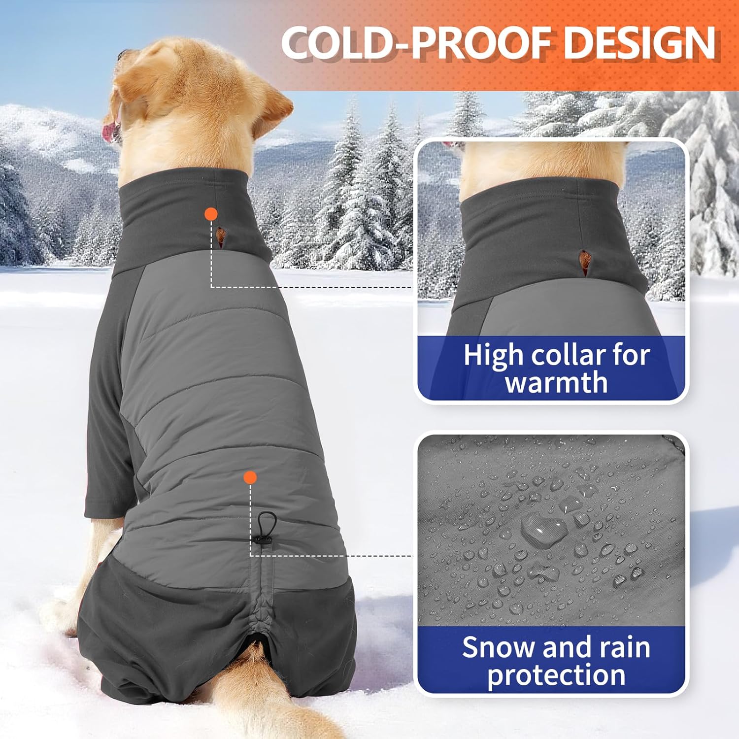 BRKURLEG Full Body Dog Winter Coat Warm Fleece Pullover Pajamas, Four Legs Covered Windproof Dog Jacket for Small to Large Dogs, Turtleneck Dogs Snowsuit, Pet Cold Weather Clothes, Grey XXL