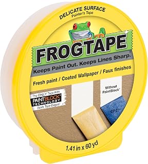 FrogTape Delicate Surface Painters Tape with PAINTBLOCK, 1.5 Inch Wide (1.41 In. x 60 Yds), Low Adhesion, Ideal for Freshly Painted Walls, Trim & Surfaces, Yellow, 1 Roll (280221)