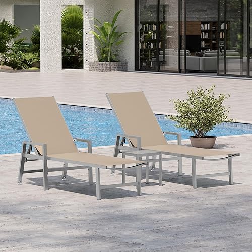 Miniatura 12 de Tumbona para patio al aire libre con ruedas y reposabrazos, sillas reclinables ajustables de aluminio de 5 posiciones, sillas de playa para piscina