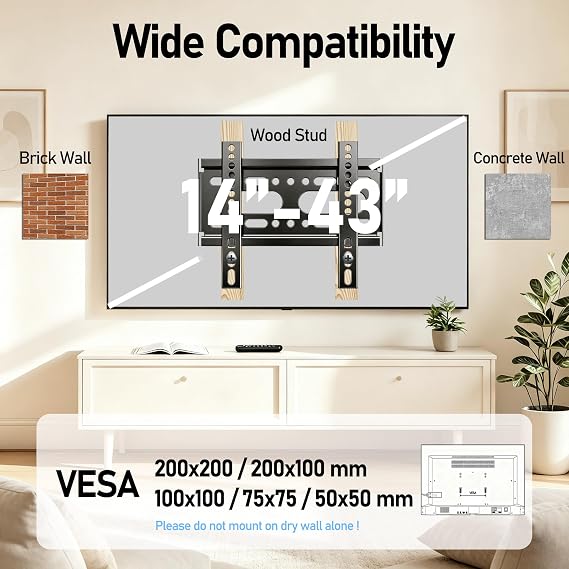 Nuyoah TV Wall Mount Bracket Low Profile Fixed for 14-43 Inch Flat Screen TVs & Monitors Up to 55lbs, Universal TV Monitor Mount Fits 8 Wood Studs Max VESA 200x200mm