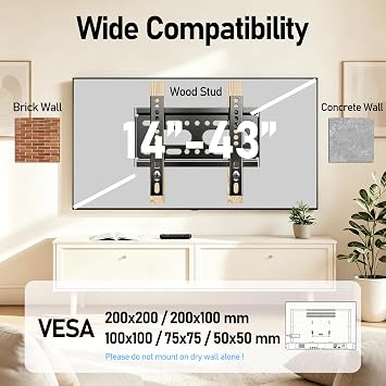 Nuyoah TV Wall Mount Bracket Low Profile Fixed for 14-43 Inch Flat Screen TVs & Monitors Up to 55lbs, Universal TV Monitor Mount Fits 8 Wood Studs Max VESA 200x200mm