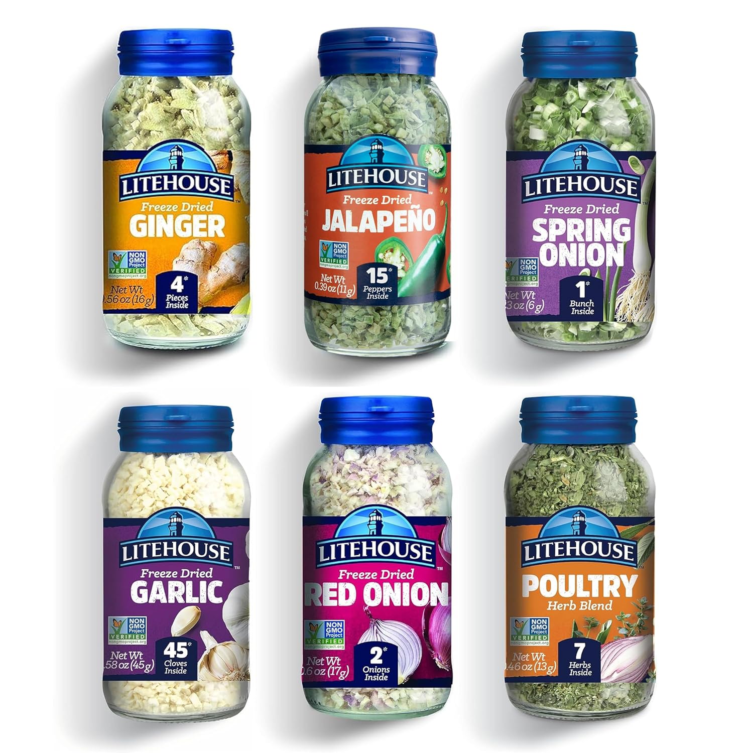 Litehouse Freeze-Dried Herb Pantry Staple (Garlic, Jalapeno, Spring Onion, Ginger, Red Onion, and Poultry Herb Blend) - Substitute for Fresh Herbs, Gluten-Free, Keto Friendly, Non-GMO - 6-Pack