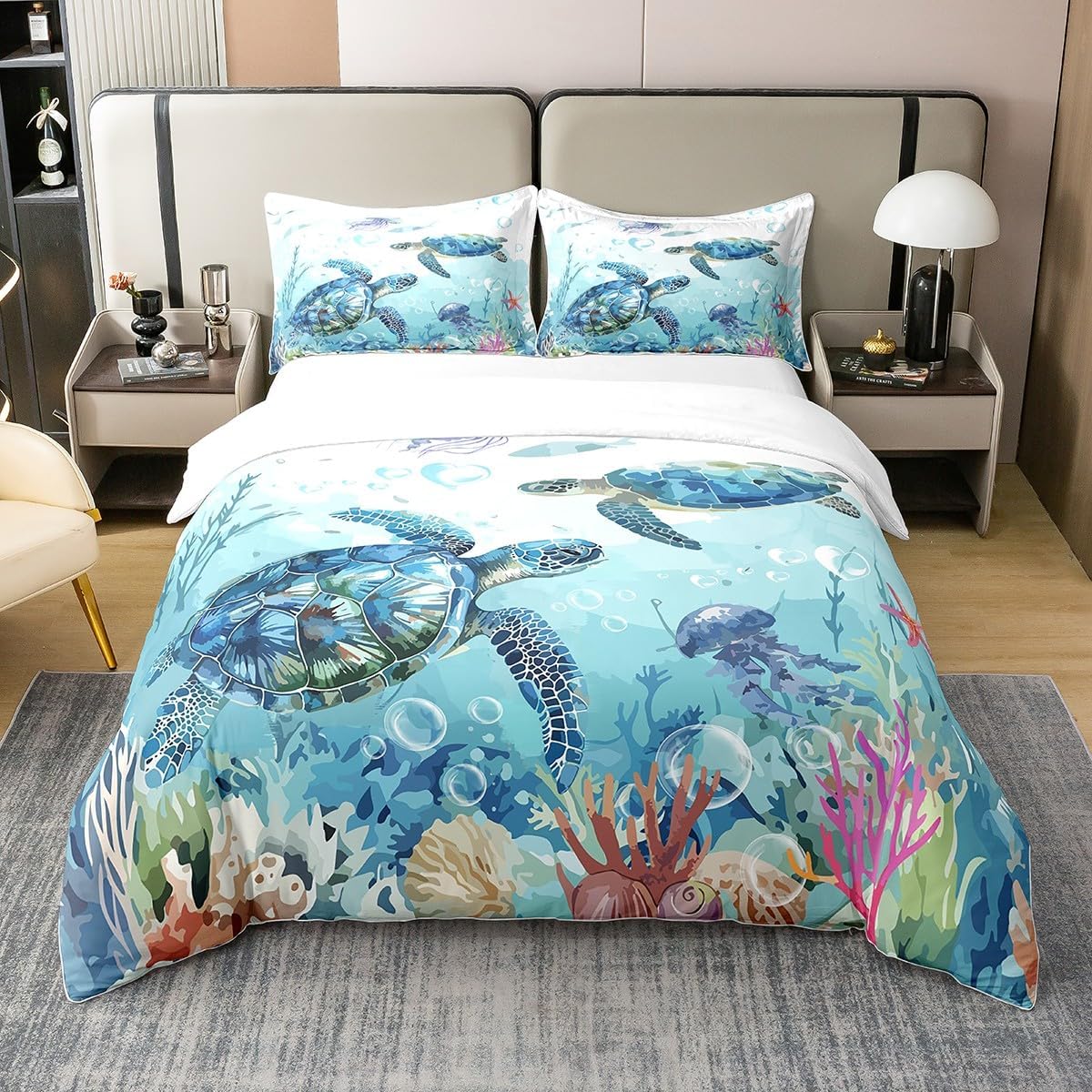 Feelyou Sea Turtle Bedding Set Twin Size Reptile Tortoise Comforter Cover Set for Boys Girls Teens Ocean Marine 100% Cotton Duvet Cover Underwater Animal Pattern Bedspread Cover Jellyfish Quilt Cover