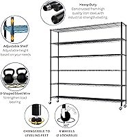 Vista 4 de Estantería de grado industrial de 6 niveles con ruedas, estante de almacenamiento de acero negro ajustable resistente sin herramientas, ruedas