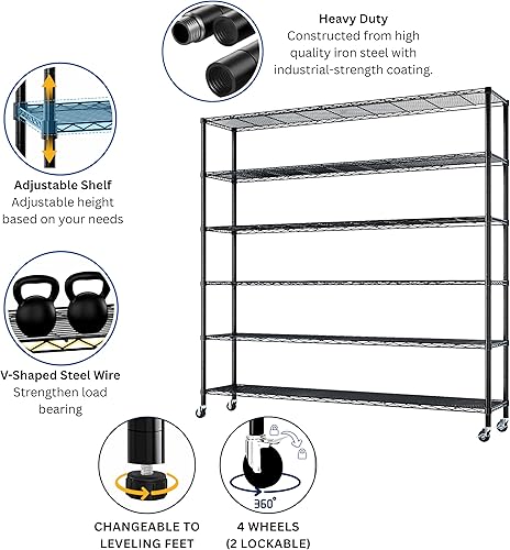 Vista 4 de Estantería de grado industrial de 6 niveles con ruedas, estante de almacenamiento de acero negro ajustable resistente sin herramientas, ruedas