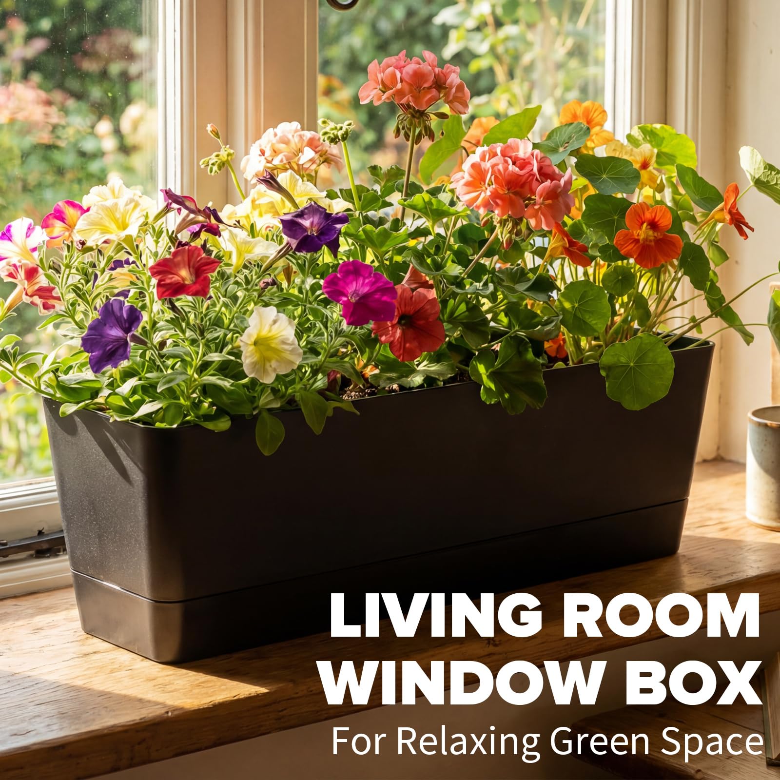 Bamworld 3er-Set Rechteckiger Blumenkasten 42x12 cm mit Drainage, für Sukkulenten auf Fensterbank, Balkon & als Tischdekoration, Schwarz