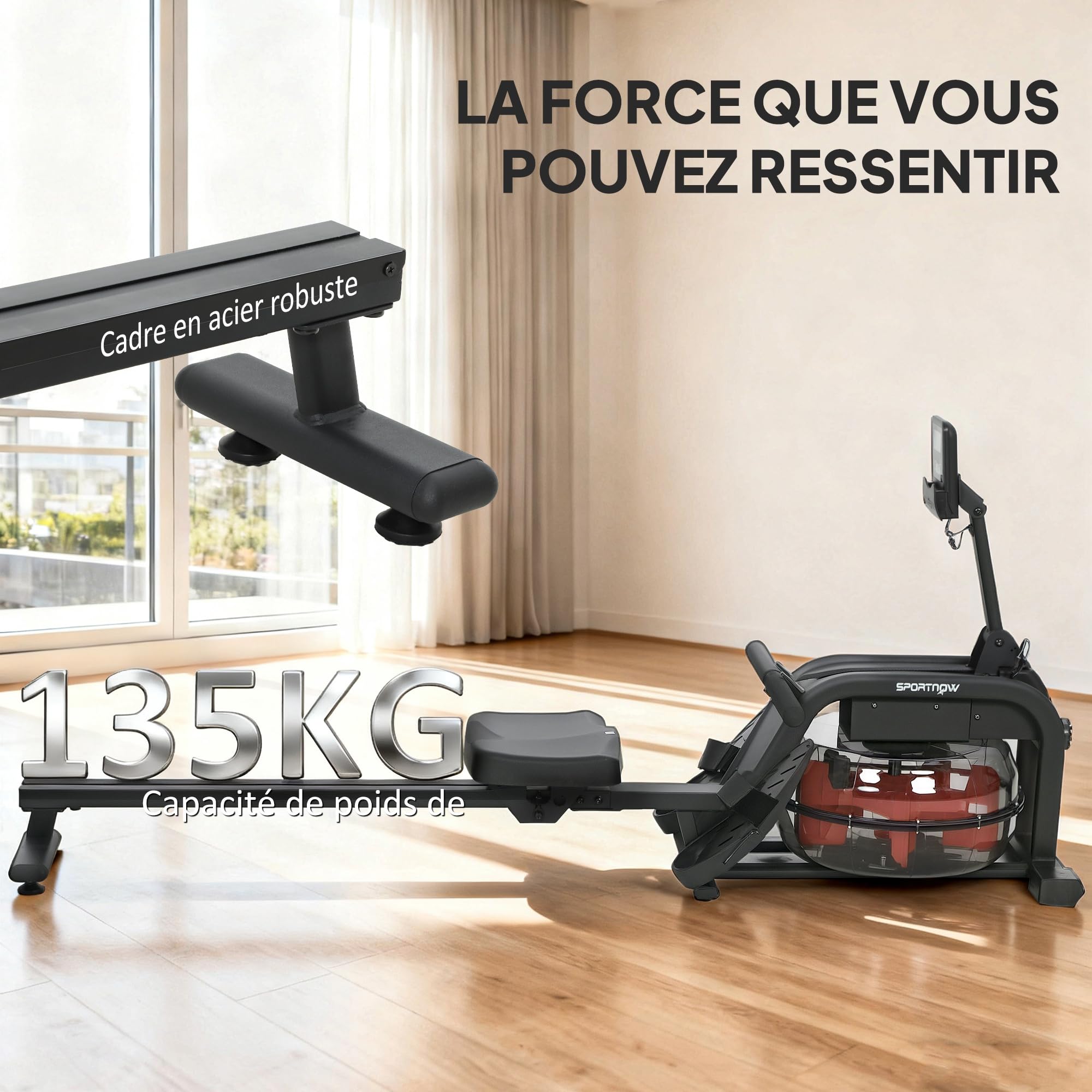 SPORTNOW Vogatore per acqua, vogatore per sollevamento sollevamento pesi, resistenza regolabile, serbatoio 6-11L, schermo LCD, supporto per tablet, seduta larga, deposito verticale, carico max.135 kg