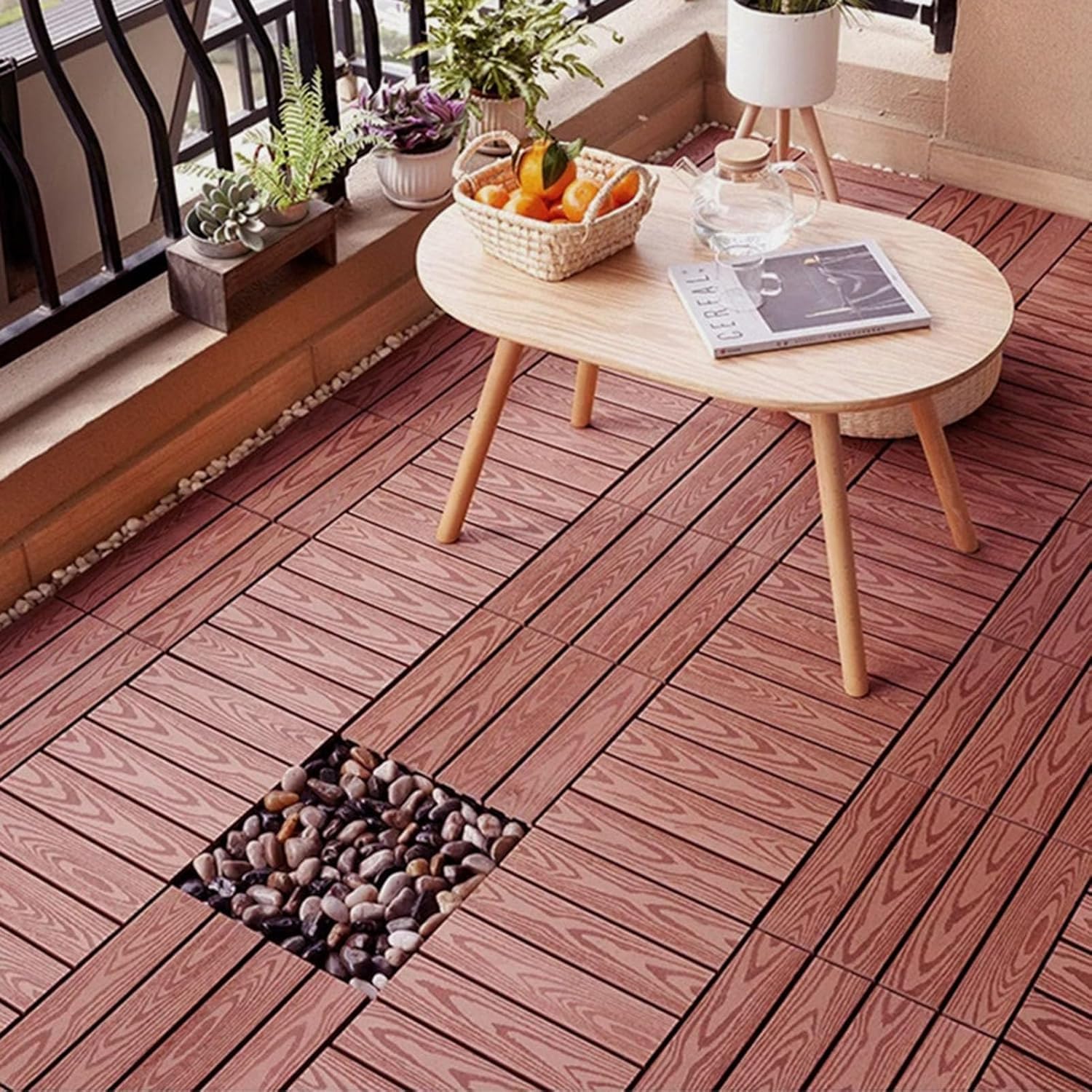 Dalles et lames de terrasse en composite, Tuiles de terrasse en bois composite emboîtables multicolores 11 pièces(Brick)