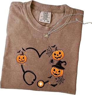 Comfort Colors Halloween Nurse Pumpkin Stethoscope Heart T-Shirt for Women & Men, Spooky Fall Scrub Ward Gift, Cute Jack-O-Lantern Medical RN Doctor Tee, Vintage Garment-Dyed