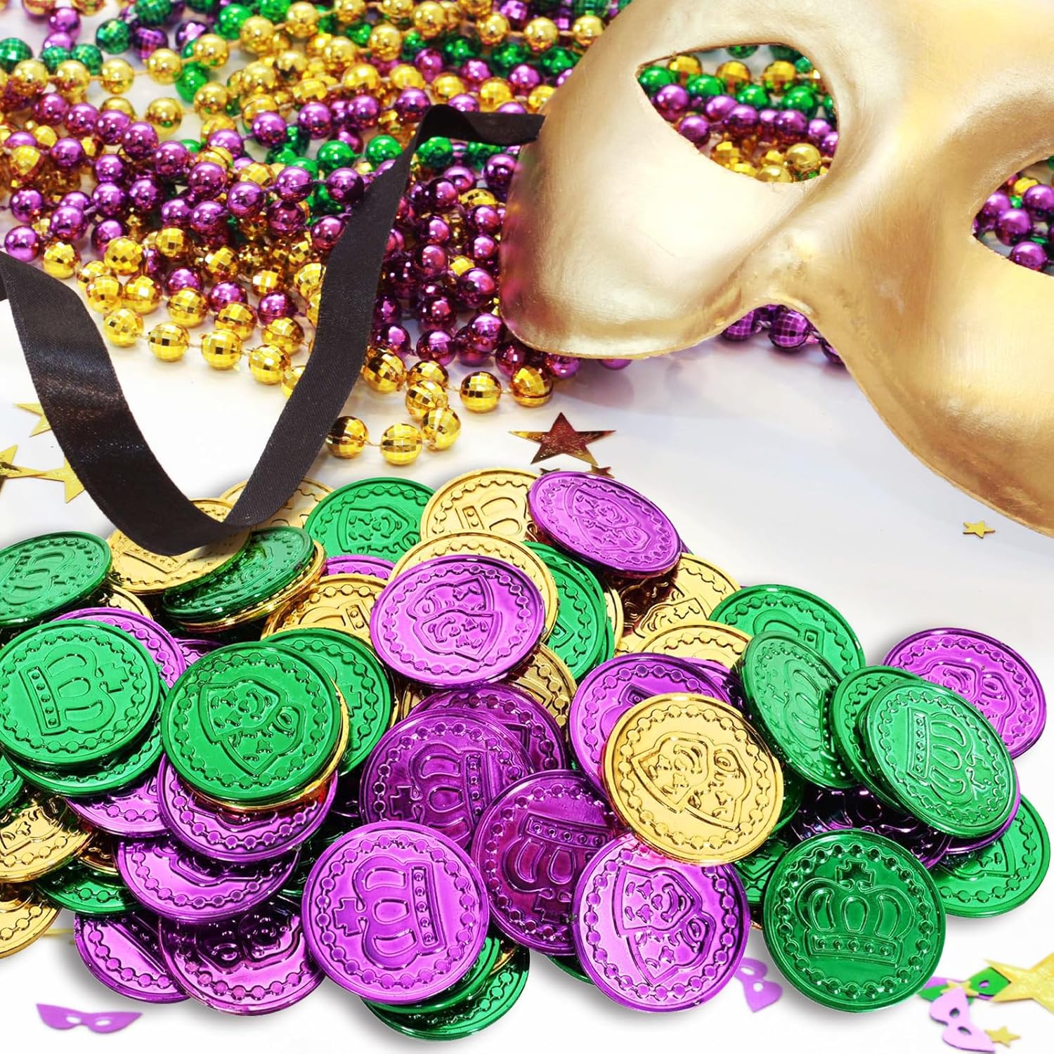 100 Pieces Plastic Mardi Gras Coins Set, Assorted Gold, Purple, and Green Coins Bulk for Mardi Gras Table Decorations, Parade Throws, Party Favors, Carnival Games, and Themed Events for Kids Adults