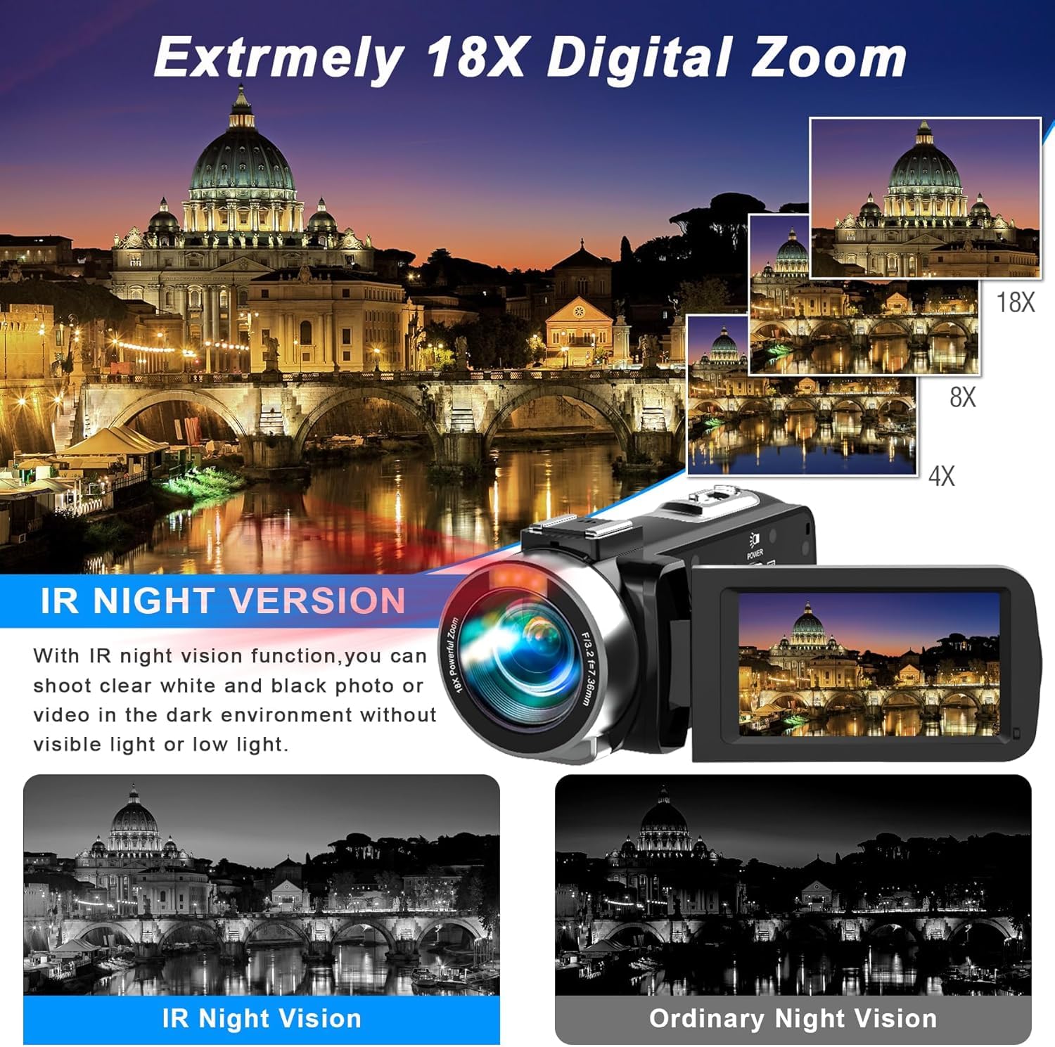 Videocamera 4K UHD 48MP IR visione notturna Vlogging fotocamera per YouTube, zoom digitale 18X, registratore 3 pollici IPS touchscreen con scheda SD da 32 GB, telecomando, 2 batterie