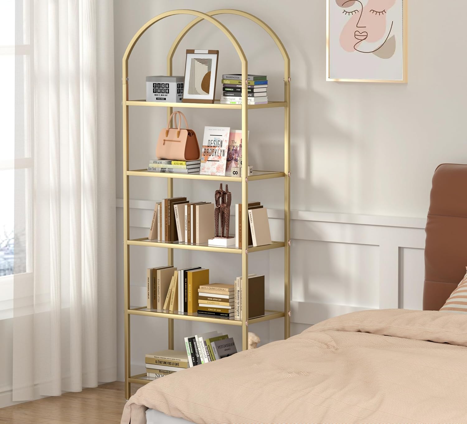 Homhedy Bookshelf Arched Display Racks,Metal Bookcase,Tempered Glass Shelves,Storage Rack Shelf for Home Office,Living Room,Bedroom, Bathroom,Modern Style (Golden, 11.8" D x 23.6" W x 62.2" H) - Image 6