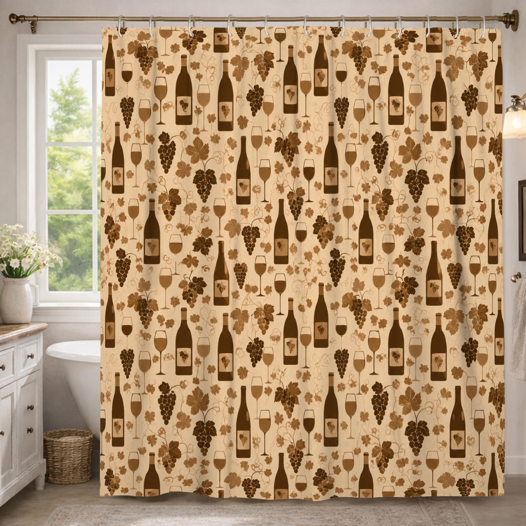 Rideau de douche imperméable 183x243 cm marron avec raisins et vin