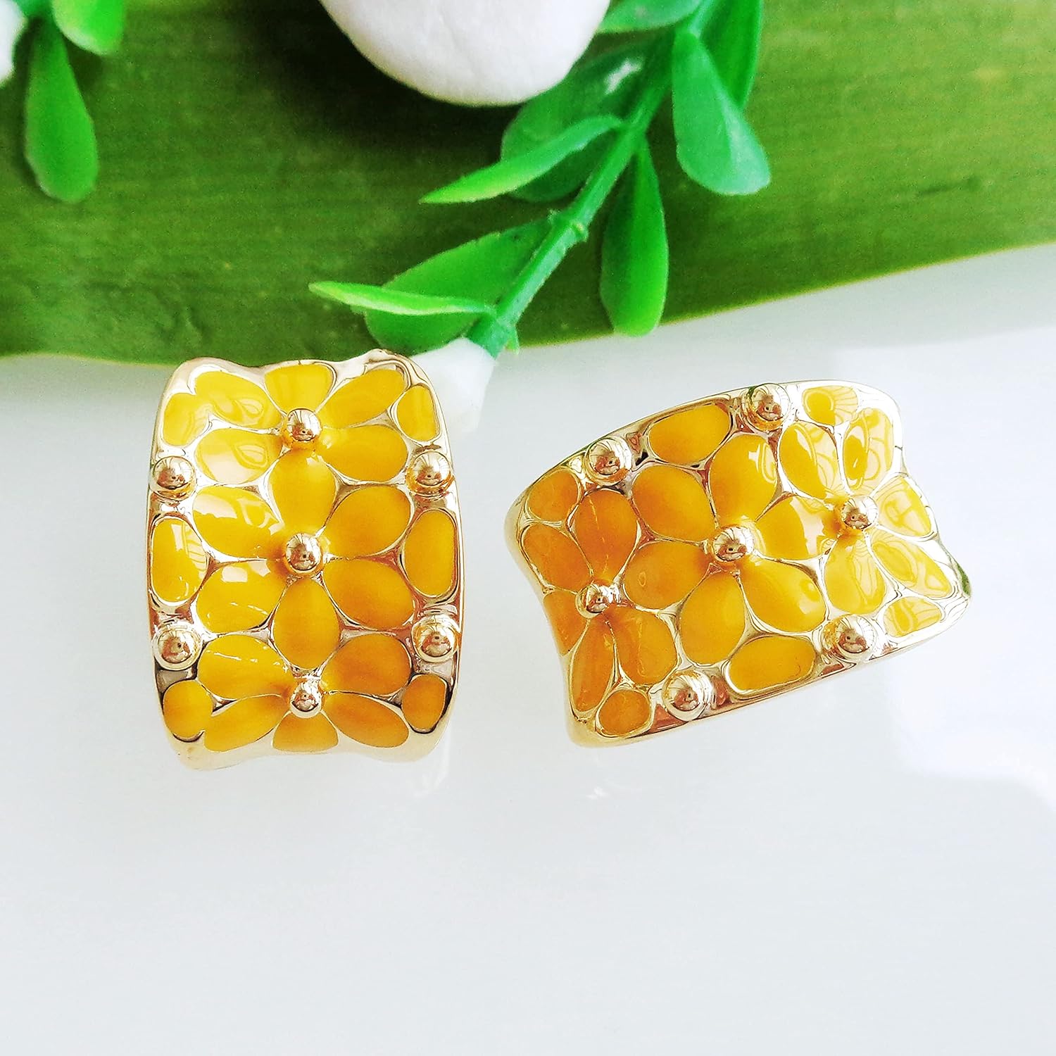 Navachi 18k Gold Plated Square Rainbow Colorful Enamel Leaves Flower Omega Back Earrings - Image 5