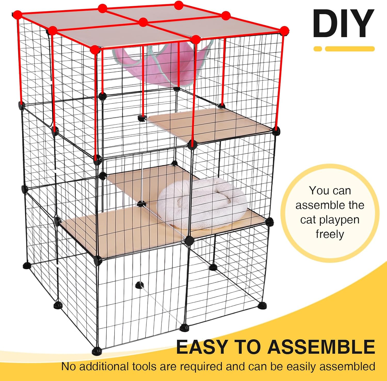 3-Tier DIY Catio Cat Cage Indoor Outdoor, Large Cat Enclosure with Hammock & Detachable Metal Wire, 27.5"x27.5"x41.3" Pet Playpen for 1-3 Cats