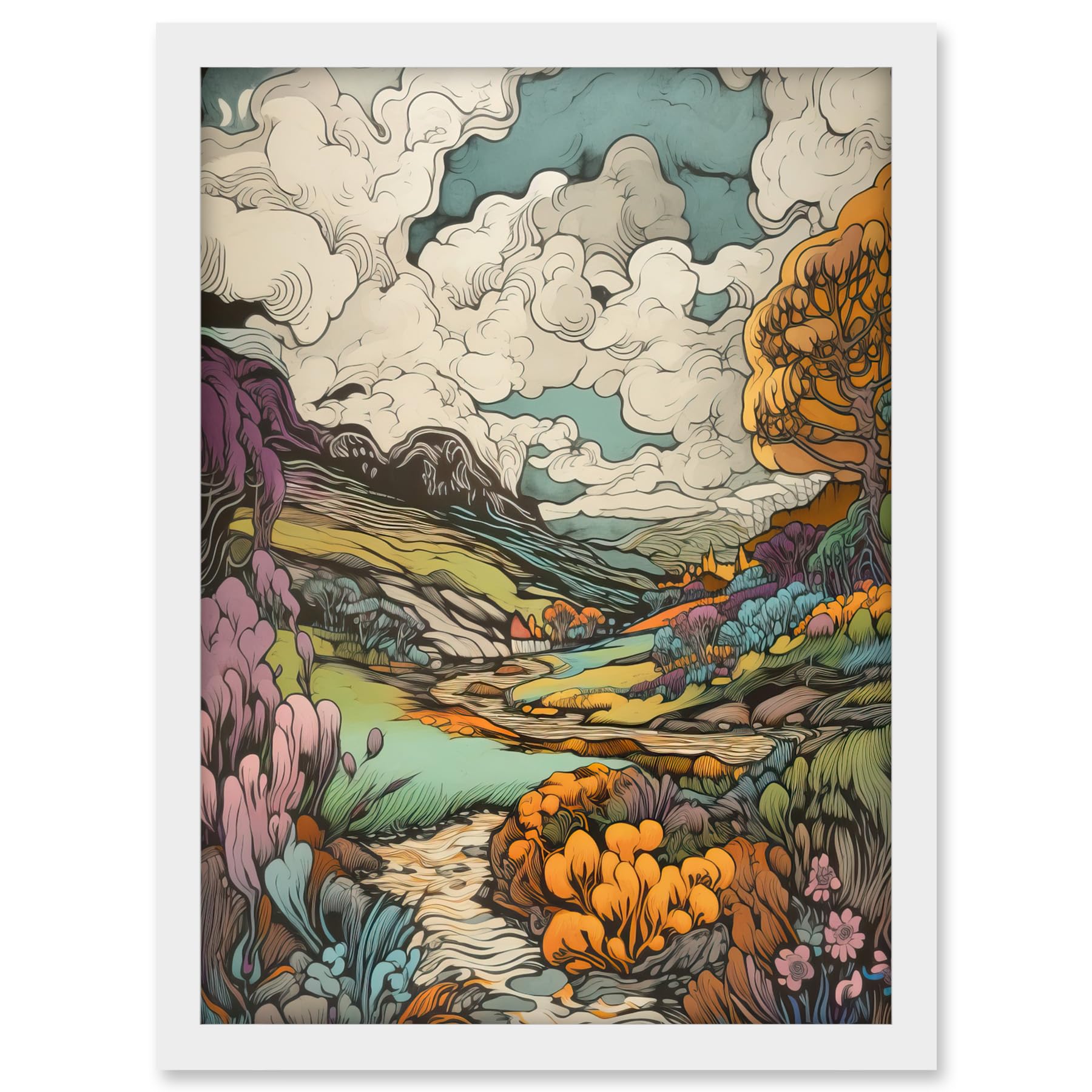 Artery8 Meadow River Multicoloured Landscape Illustration Artwork Framed A3 Wall Art Print