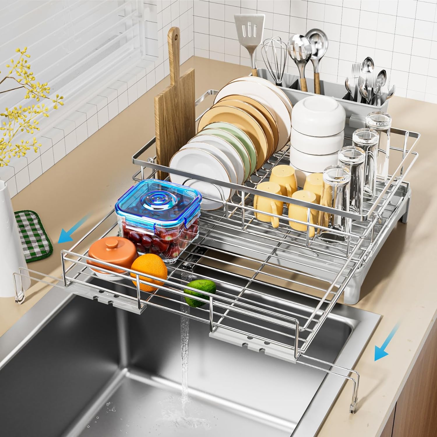 Dish Drying Rack, 304 Stainless Steel Expandable Dish Drainer for Kitchen Counter, Space-Saving with Utensil Holder, Gray Dish Drying Rack, 304 Stainless Steel Expandable Dish Drainer for Kitchen Counter, Space-Saving with Utensil Holder, Gray