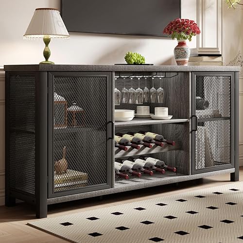 Miniatura 23 de Launica Gabinete de bar de vino negro, gabinete de barra de café con almacenamiento, gabinetes de buffet de cocina de granja con estante para café