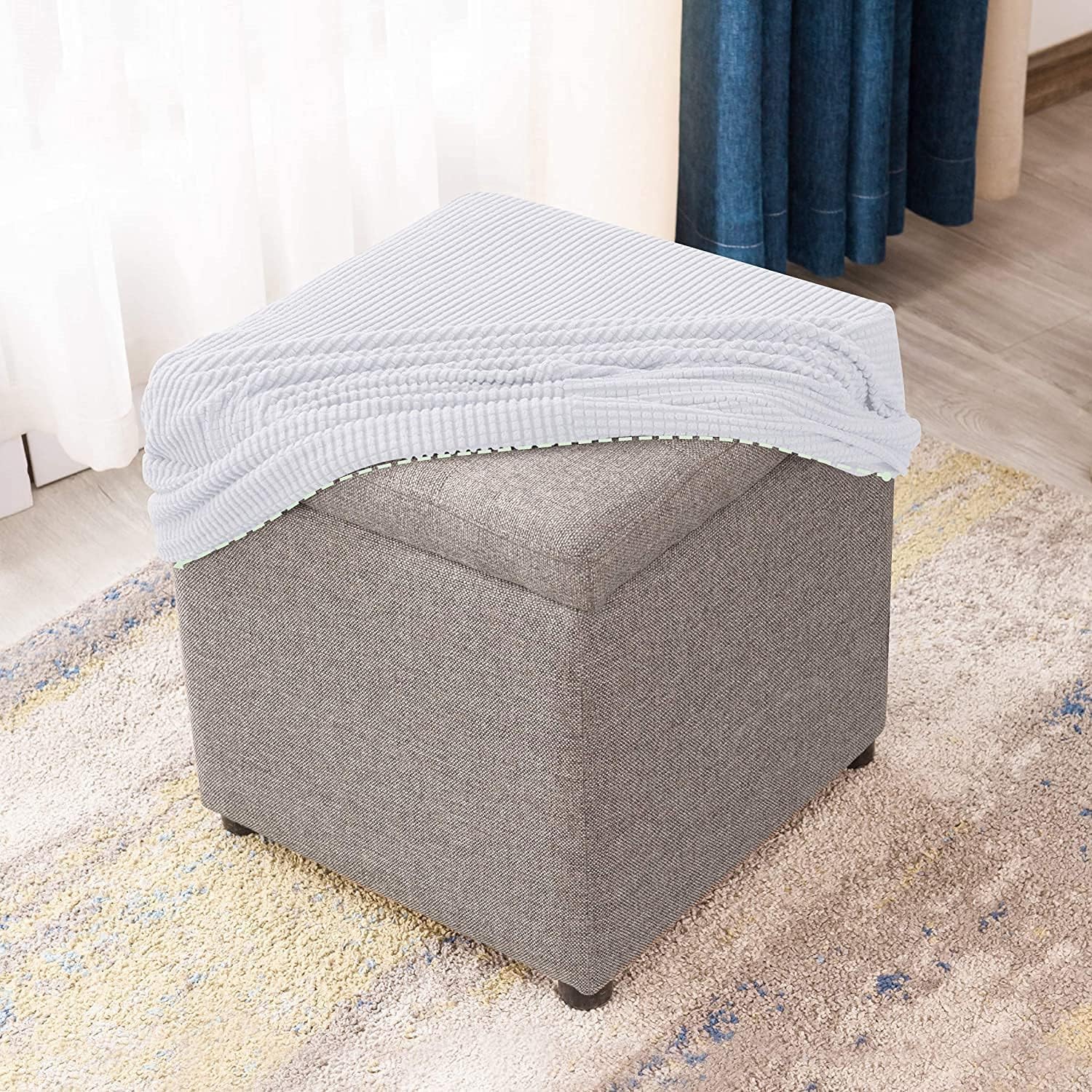 uyeoco Square Ottoman Slipcover Stool Covers Stretch Footstool Protector Covers with Elastic Bottom, Feature Textured Checked Fabric Machine Washable(L,40X40CM)