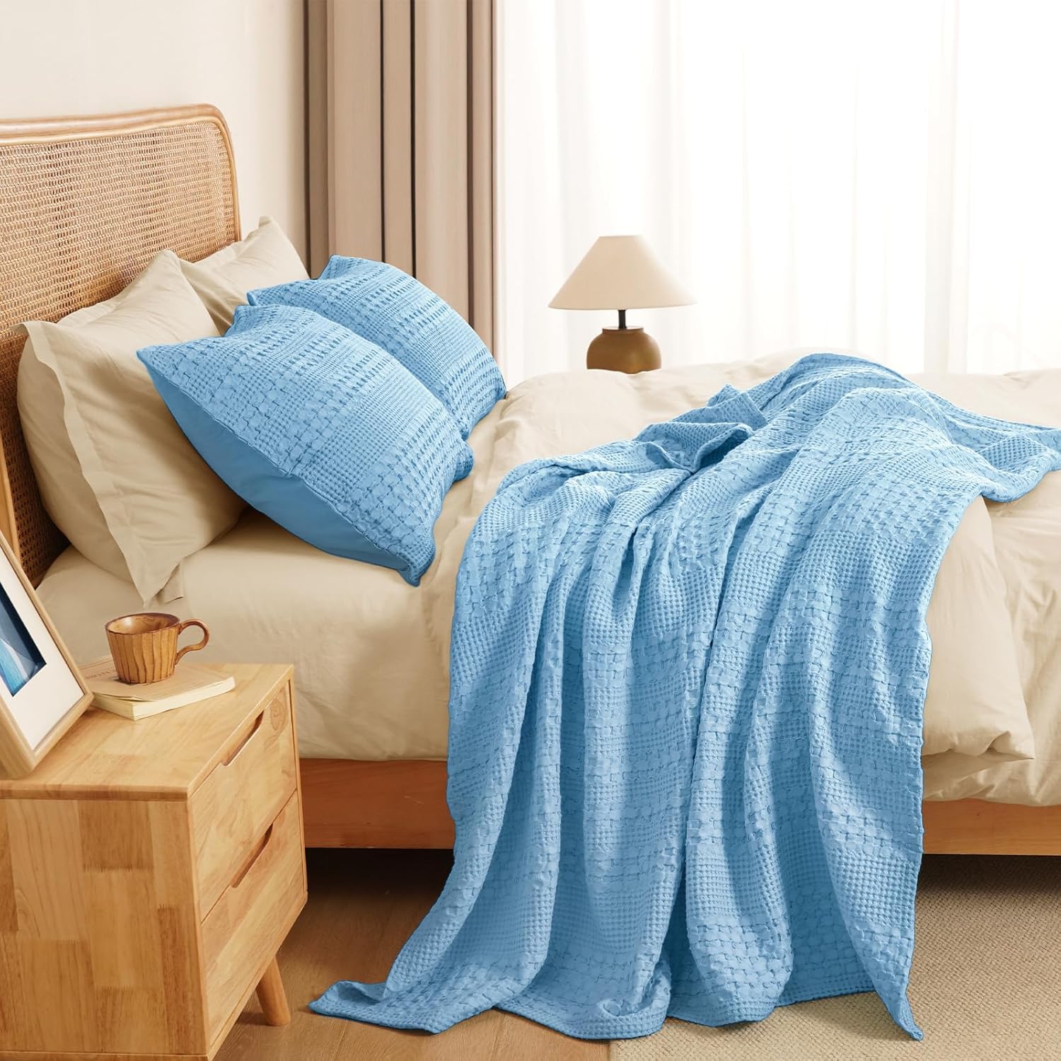 PHF 100% Cotton Waffle Weave Throw Blanket, Soft Lightweight Breathable Cozy Throws for Couch Bed Sofa, Luxury Aesthetic Blanket Gift for Home Decor & Office, 50"x60", Airy Blue - Image 5