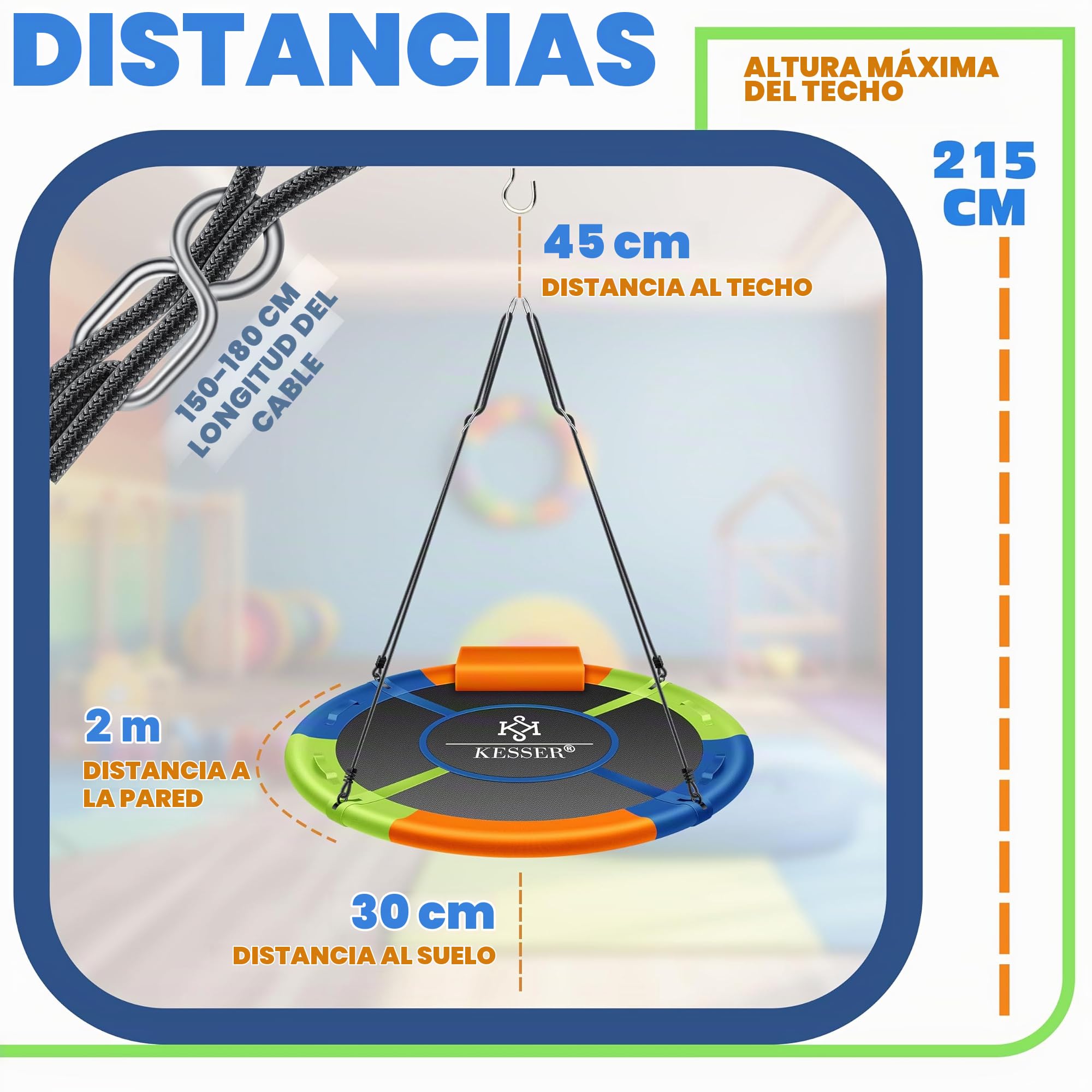 KESSER® Columpio nido, columpio redondo, diámetro de 100 cm, soporta hasta 300 kg, con cojín y 4 asas, ajustable, para interior y exterior, para niños y adultos, multicolor