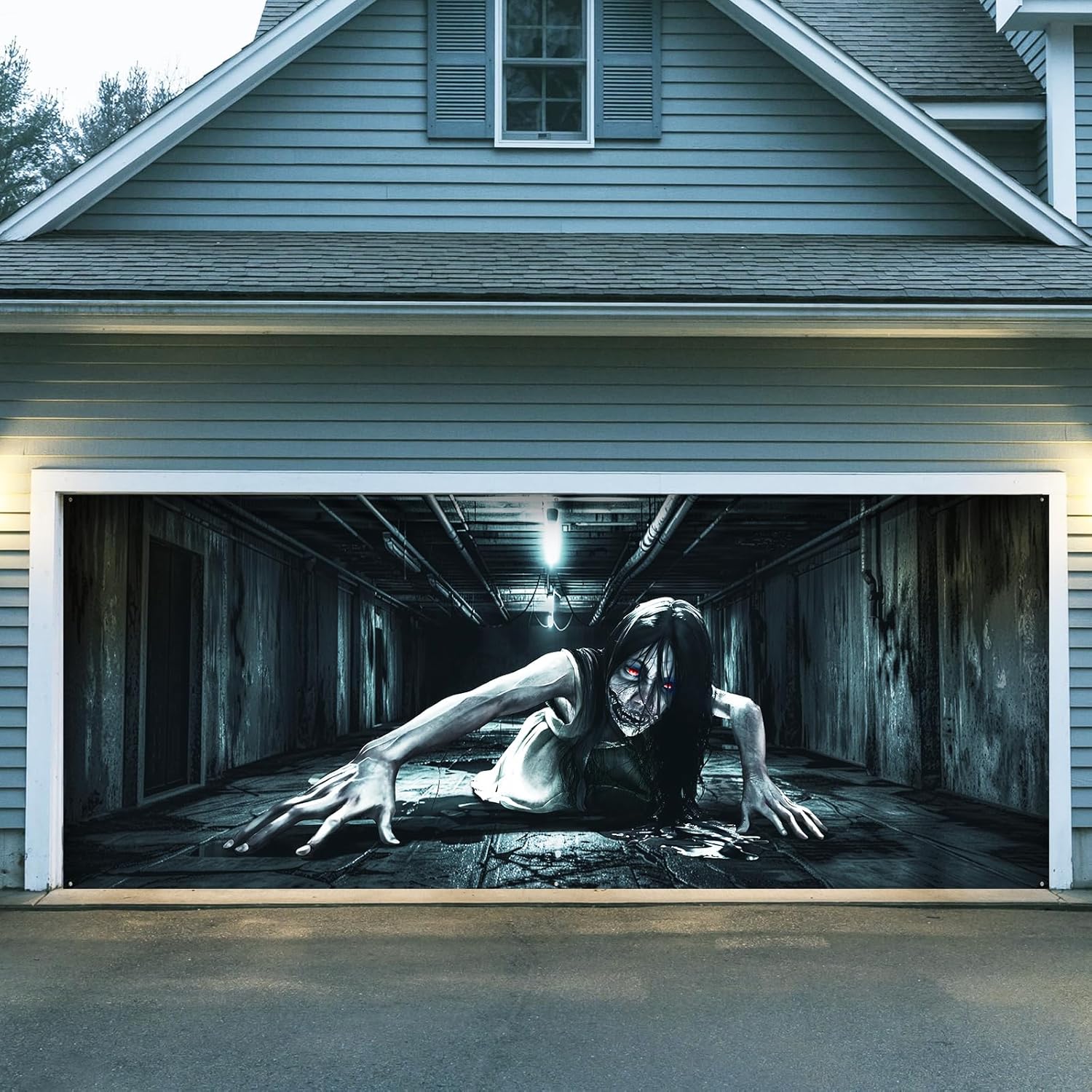 Halloween Garage Door Cover Decorations, 7 x 16 Ft Large Garage Door Halloween Cover, Scary Female Ghost with Bloody Eyes Garage Buddy Halloween Outdoor for Wall Yard Outside Decor