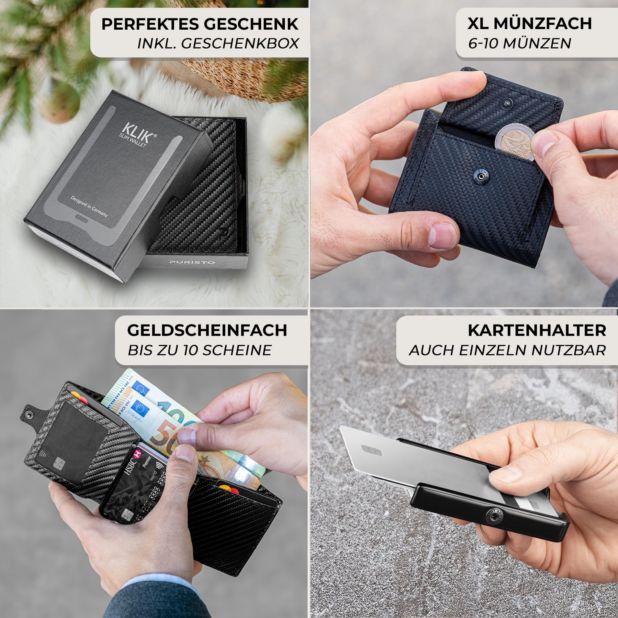 KLIK Classic Slim Wallet mit Münzfach - Mini-Geldbörse für Herren aus Echtleder - Kleines Kartenetui mit RFID-Schutz für 10-14 Karten - Carbon
